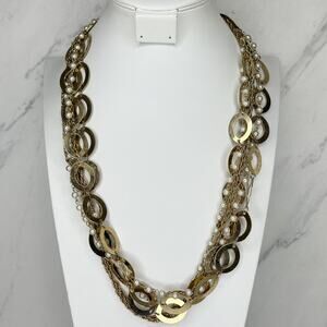 Chunky Multi Strand Faux Pearl Open Oval Link Gold Tone Statement Necklace ✨